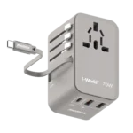 Momax UA18D 1-World+ 70W GaN 3Ports Travel Charger with Built-in Retractable USB-C Cable