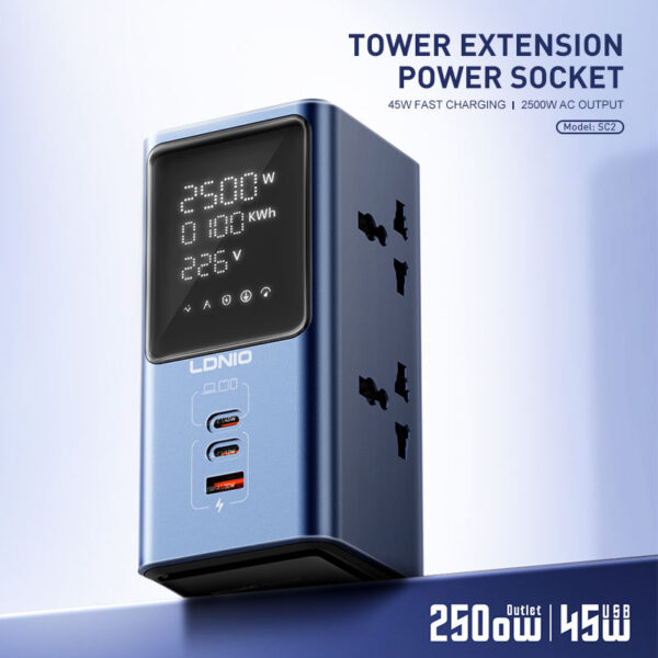 LDNIO SC2 Tower Extension Power Socket Offers Multiple Outlets, Fast Charging USB Ports & Safe Design – Perfect for Home & Office