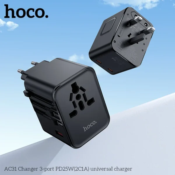 Hoco AC31 PD25W Three-Port Universal Travel Adapter – Fast Charging Worldwide Plug for Travel & Daily Use