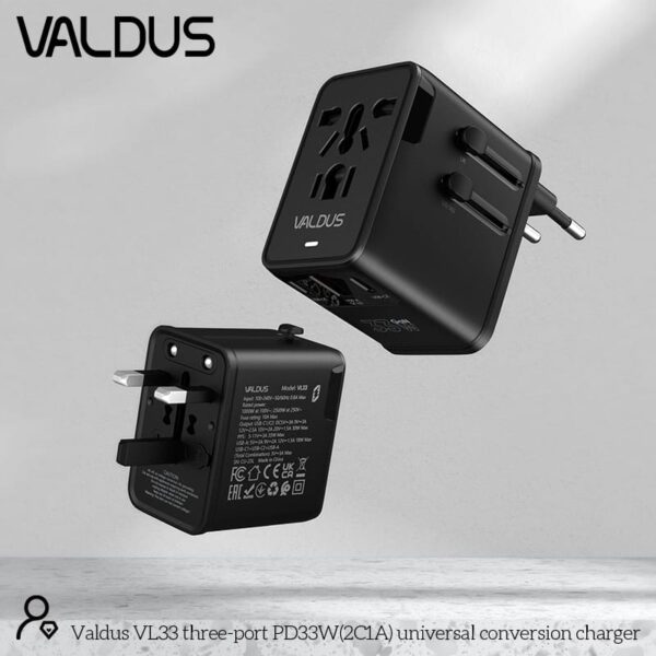VALDUS VL33 33W GaN Universal Travel Adapter Fast Charging International Plug Converter (US/EU/UK/AU)