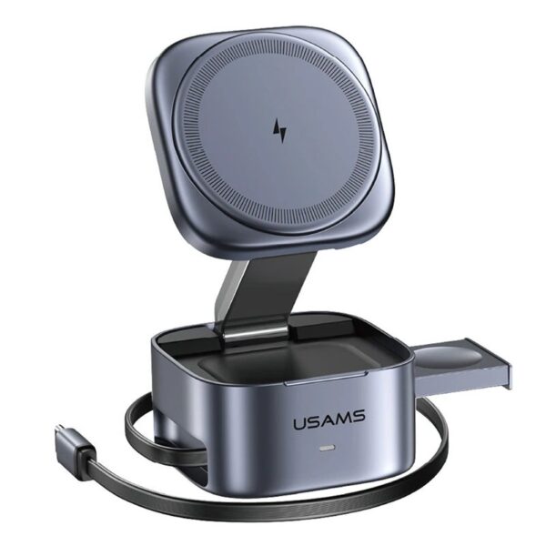 USAMS CD257 Qi2.0 3-in-1 Magnetic Wireless Charger 15W Fast Charging Stand for iPhone, Apple Watch & AirPods
