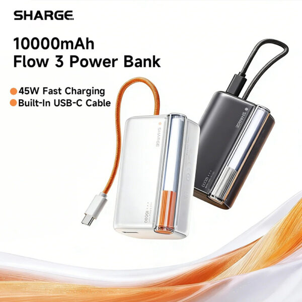 SHARGE Flow 3 10000mAh 45W Fast Charging Power Bank with Built-in USB-C Cable