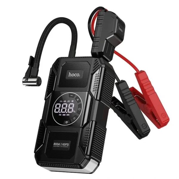 Hoco QS6 Intelligent Air Pump & Emergency Car Jump Starter 8000mAh Power Bank – Portable Tire Inflator with LED Display & Battery Booster