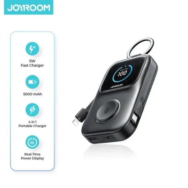 JOYROOM W19 3-in-1 Magnetic Wireless Power Bank 5000mAh Apple Watch Charger with Built-in Type-C & Lightning Cable, Digital Display