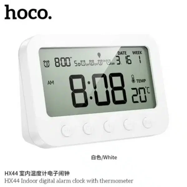 HOCO HX44 Smart Digital Alarm Clock with Indoor Thermometer – LED Display Temperature Monitor, Calendar & Snooze Function