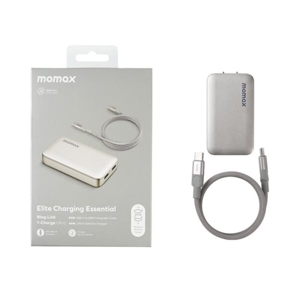 MOMAX Elite Charging Essential 45W Dual-Port GaN Charger + 60W Mag.Link USB-C Cable
